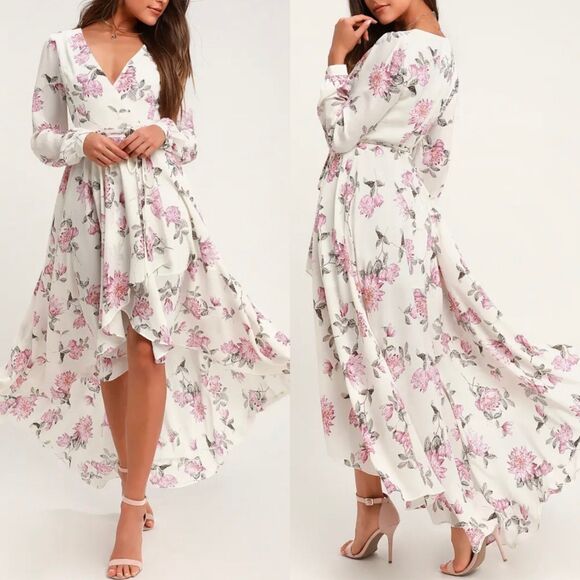 Lulus Let It Be White Floral Print Wrap Maxi Dress Size Small - Picture 1 of 8